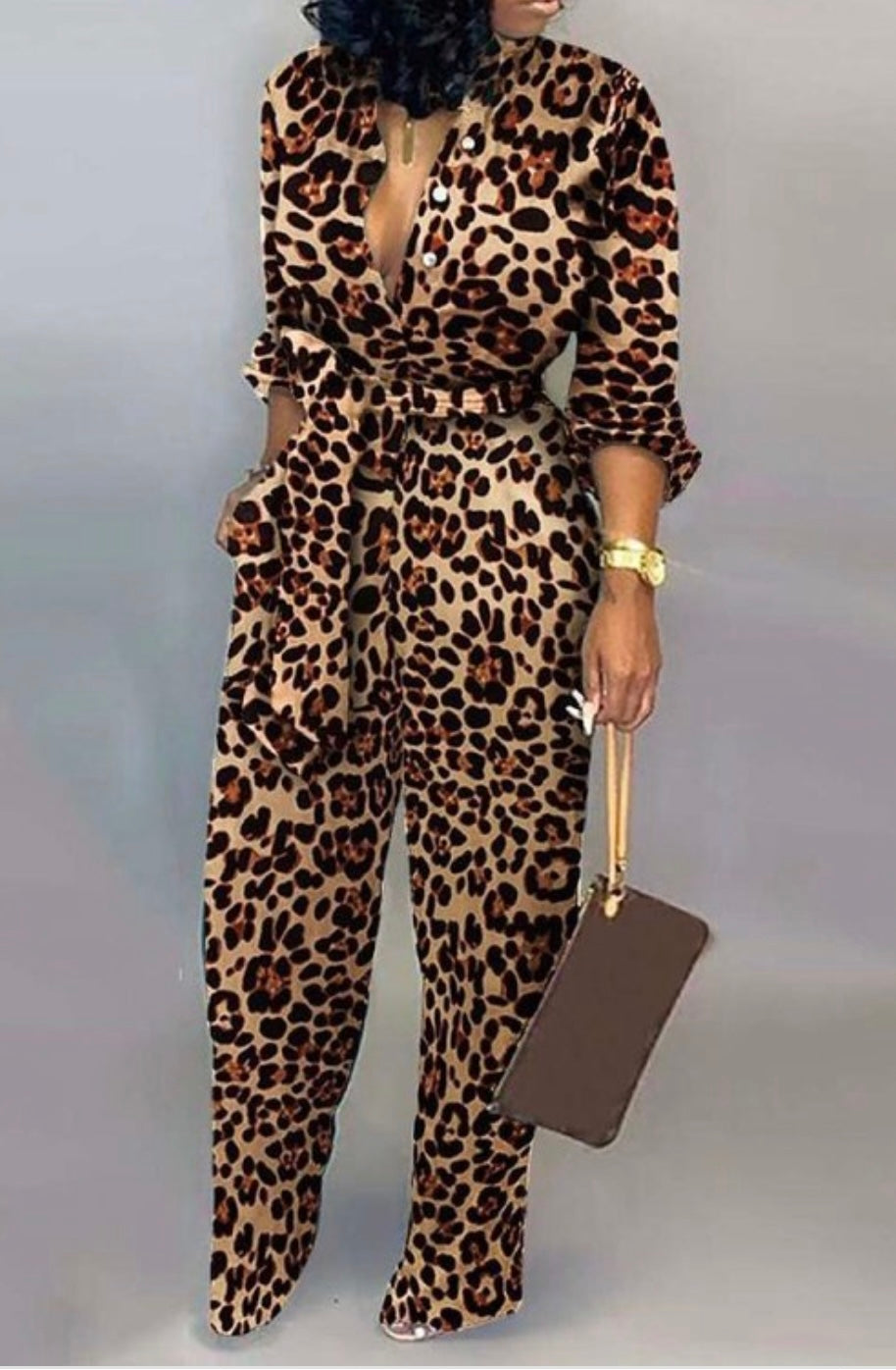 Long Sleeve & Full Leg Leopard Print Jumpsuit