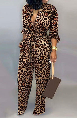 Long Sleeve & Full Leg Leopard Print Jumpsuit