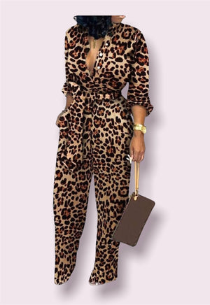 Long Sleeve & Full Leg Leopard Print Jumpsuit