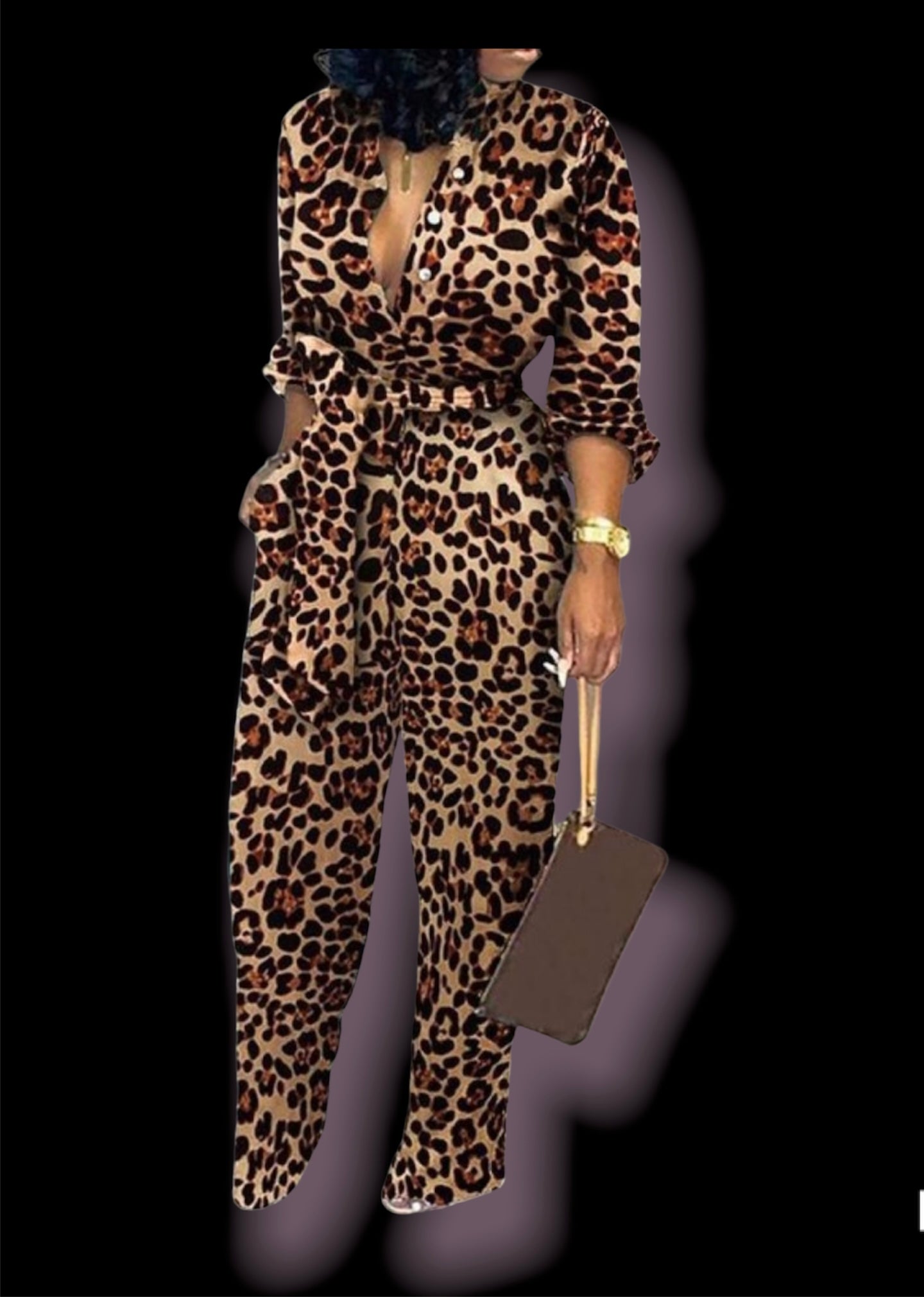 Long Sleeve & Full Leg Leopard Print Jumpsuit