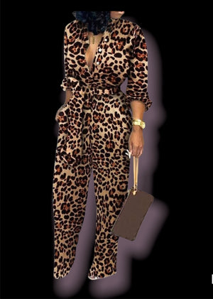 Long Sleeve & Full Leg Leopard Print Jumpsuit